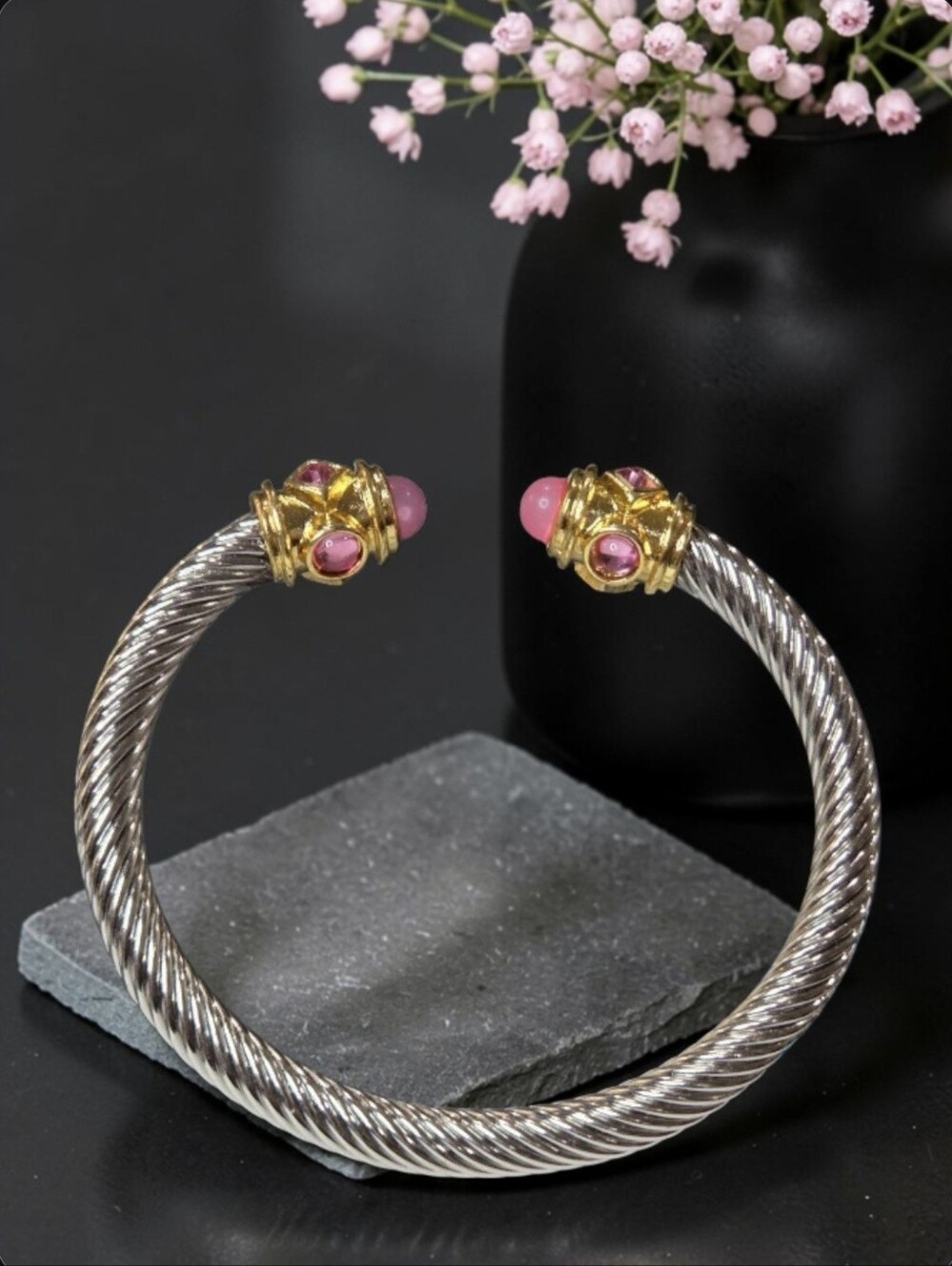 Luxury 18k Gold Plated 2 Tone Silver Twisted Cable Pastel Pink Crystal Bracelet